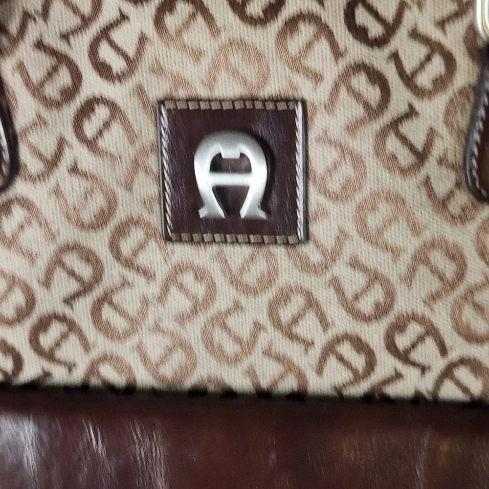 Vtg Etienne Aigner Monogram Tote‎ Travel Bag Brown Leather Trim Lg Logo Satchel